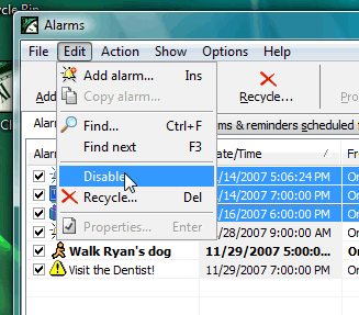 You may disable or enable multiple alarms at once. Select several alarms by holding down 