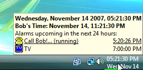 In addition to the alarm list, running alarms are now displayed in the clock tooltip. Running alarms are displayed underlined and with 
